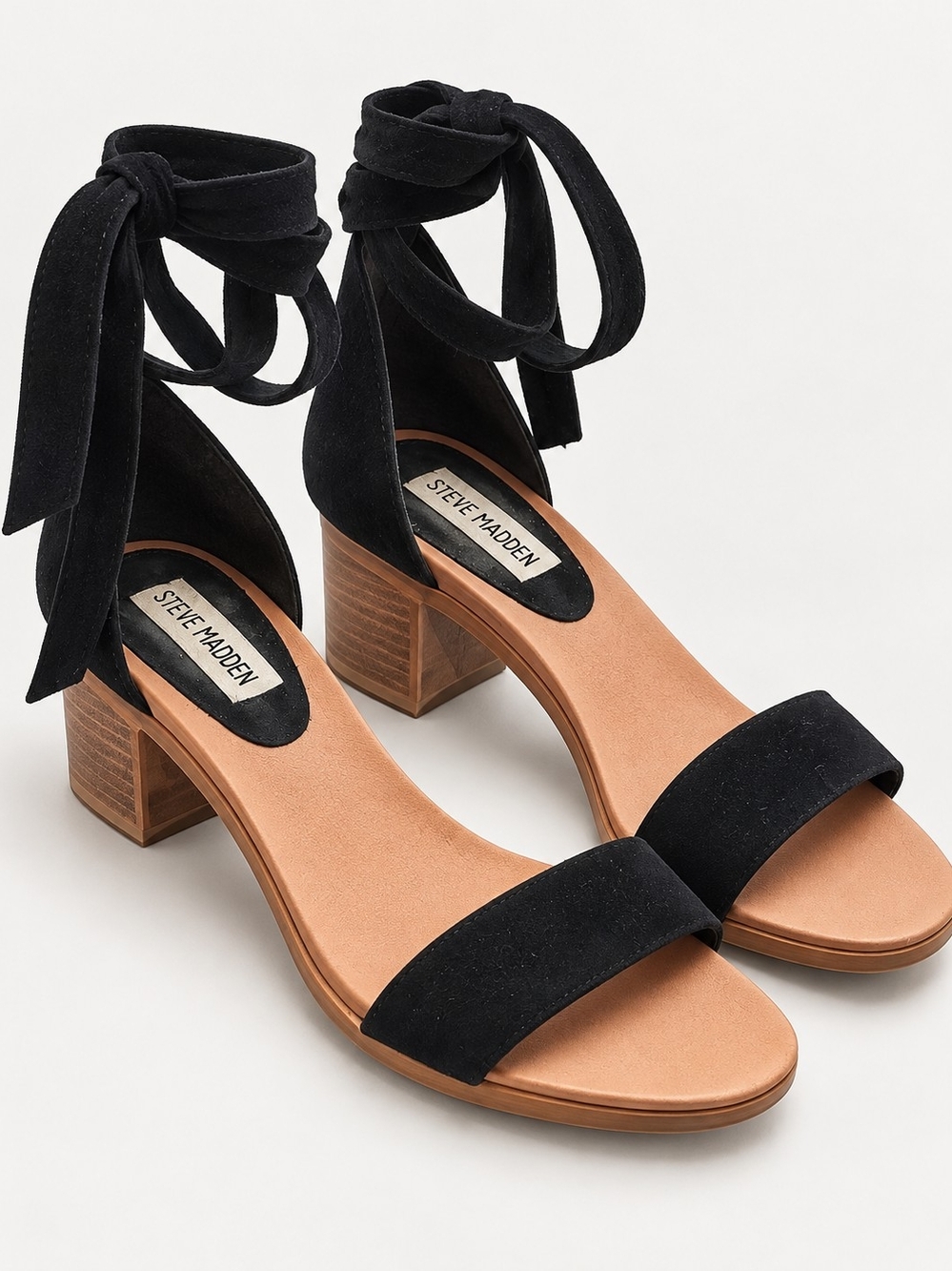 Steve Madden Black Suede Leather Ankle Wrap Block Heel Sandals Size 8.5